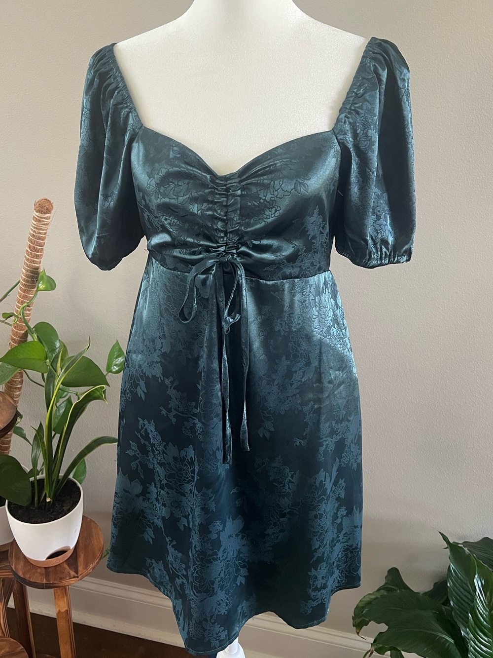 Altar'd State Teal Green Jacquard Puff-Sleeve Mini Dress fall party whimsical